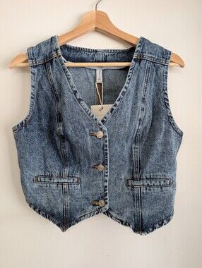 New Y2k Elleven Medium Crop Jean Vest Tailored Blue Cotton Distressed Denim Boho
